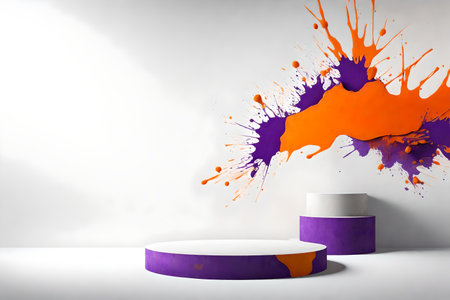 round orange concrete podium background white wall with orange and purple paint splashの素材