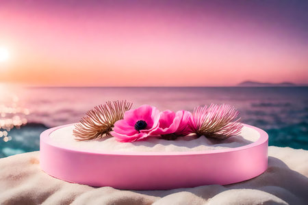 round pink plastic cosmetic podium composition with dried anemone flower by the sea hyperrealistic materialsの素材