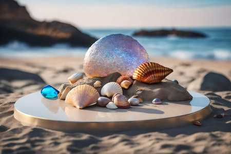 round iridescent rock podium scenery with seashell in the street hyperrealistic materialsの素材