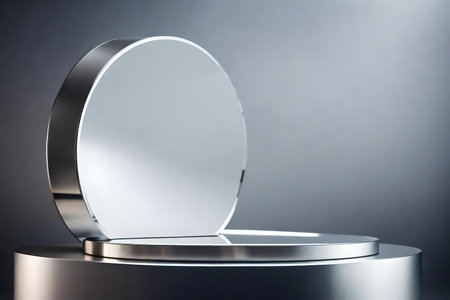 round silver plastic cosmetic podium background with stone in the photo studio hyperrealistic materialsの素材