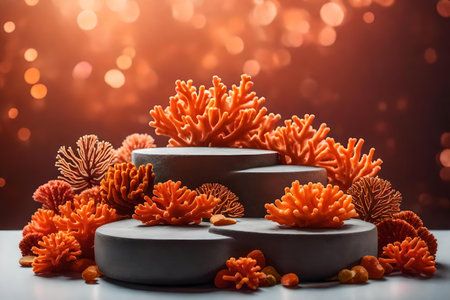 round iridescent stone cosmetic podium composition with orange corals in the photo studio hyperrealistic materialsの素材