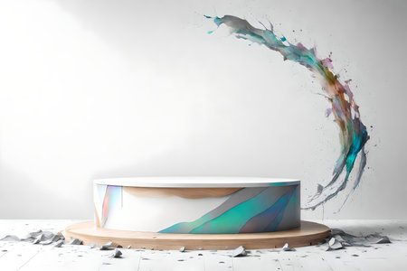 round iridescent wooden podium background white wall with titanium and gray paint splashの素材