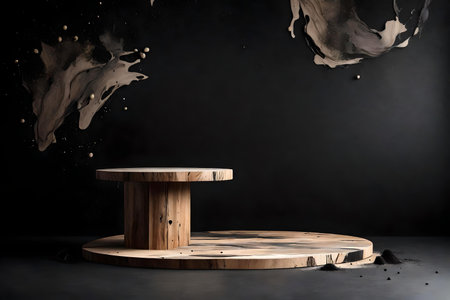 round organic wooden podium background black wall with black and gray paint splashの素材