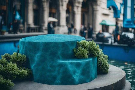 round green rock podium composition with blue corals in the street hyperrealistic materialsの素材