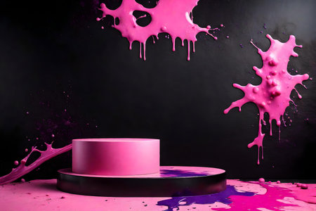 round pink plastic podium background black wall with pink and purple paint splashの素材