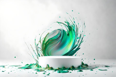 round iridescent plastic podium background white wall with green and titanium paint splashの素材