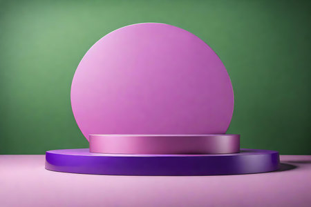 round pink podium close shot purple background studio with green olive high qualityの素材