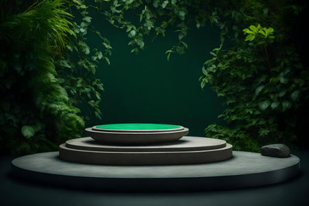 round green stone podium background with stone in the photo studio hyperrealistic materialsの素材
