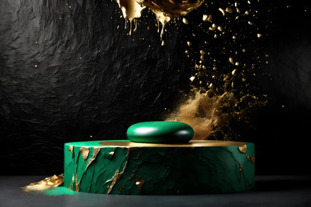 round green rock podium background black wall with golden and silver paint splashの素材