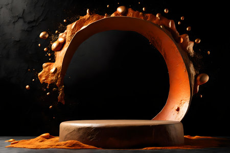round orange rock podium background black wall with brown and golden paint splashの素材