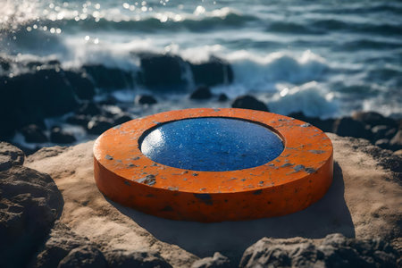 round orange stone podium background with azurite by the sea hyperrealistic materialsの素材