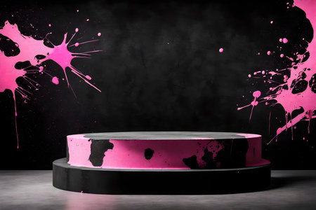 round black concrete podium background black wall with black and pink paint splashの素材