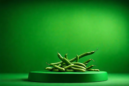 round green podium close shot green background studio with green bean high qualityの素材