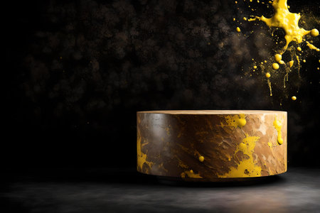 round brown stone podium background black wall with yellow and silver paint splashの素材