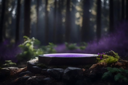 round black wood stone podium background with amethyst in the forest hyperrealistic materialsの素材
