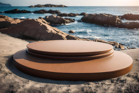 round brown plastic podium background with concrete by the sea hyperrealistic materialsの素材