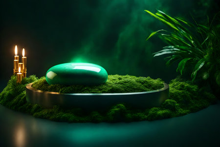 round green stone cosmetic podium scenery with glowing ember in the photo studio hyperrealistic materialsの素材