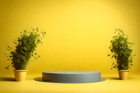 round gray podium close shot yellow background studio with lentil green high qualityの素材