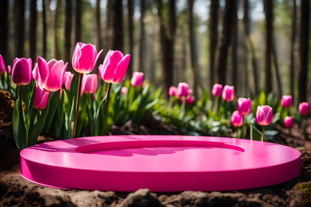 round pink plastic cosmetic podium scenery with tulip in the forest hyperrealistic materialsの素材