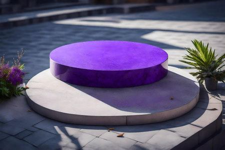 round purple stone cosmetic podium scenery with concrete in the street hyperrealistic materialsの素材