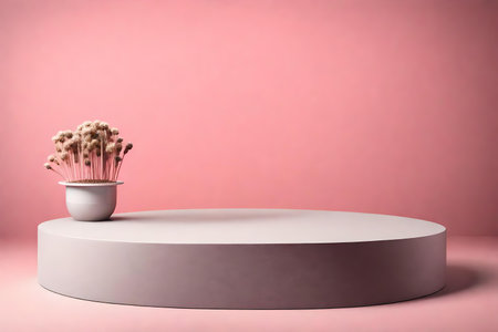 round gray podium close shot pink background studio with buckwheat high qualityの素材