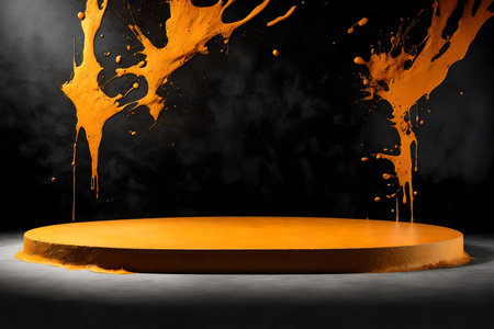 round orange concrete podium background black wall with yellow and black paint splashの素材