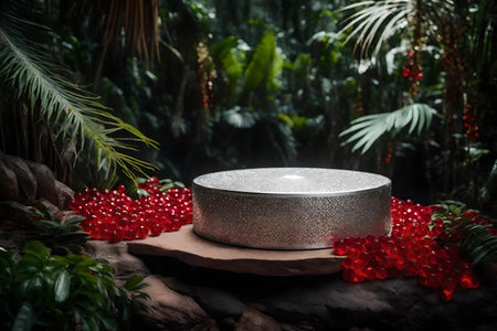 round silver stone podium background with red crystal in the tropical forest hyperrealistic materialsの素材
