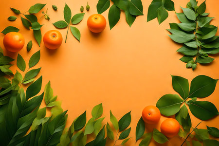 leaves green composition flat lay with free space for copy orange paper backgroundの素材