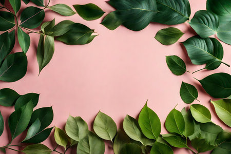 leaves green composition flat lay with free space for copy pink wood backgroundの素材
