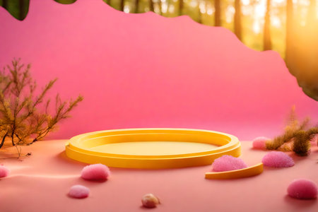 flat yellow plastic cosmetic podium composition with pink desert in the forest hyperrealistic materialsの素材
