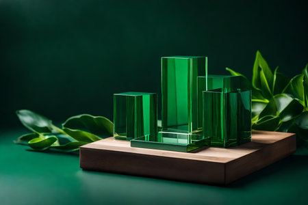 cubic green wooden cosmetic podium composition with quartz in the photo studio hyperrealistic materialsの素材