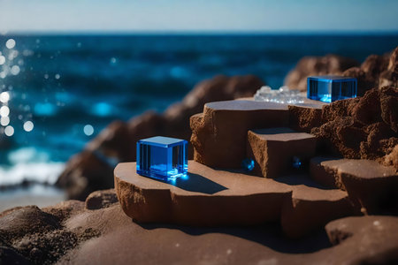 cubic brown plastic podium scenery with blue crystal by the sea hyperrealistic materialsの素材