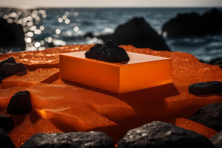 cubic orange plastic cosmetic podium background with black rock by the sea hyperrealistic materialsの素材