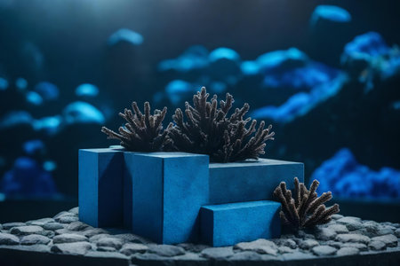 cubic black rock podium scenery with blue corals in the street hyperrealistic materialsの素材