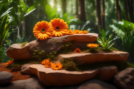 cubic orange rock podium scenery with daisy in the tropical forest hyperrealistic materialsの素材
