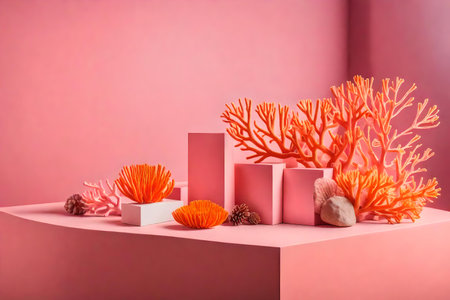 cubic pink wooden cosmetic podium scenery with orange corals in the photo studio hyperrealistic materialsの素材