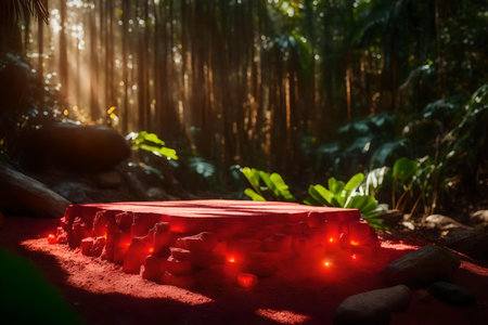 cubic red rock cosmetic podium background with glowing ember in the tropical forest hyperrealistic materialsの素材