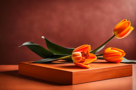 cubic orange wooden cosmetic podium composition with tulip in the photo studio hyperrealistic materialsの素材