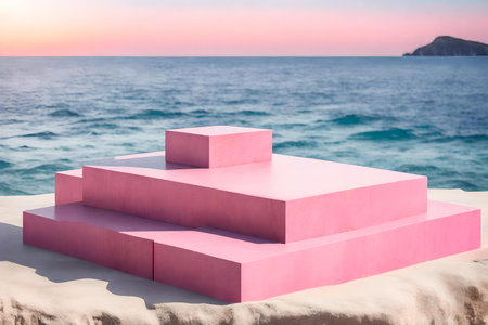 cubic pink wooden podium composition with stone by the sea hyperrealistic materialsの素材