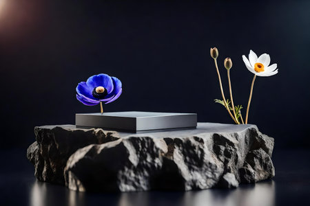 cubic titanium rock cosmetic podium background with anemone flower in the photo studio hyperrealistic materialsの素材