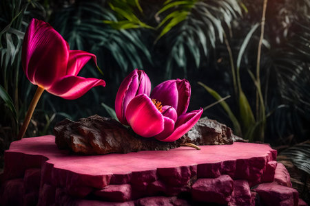 cubic pink stone podium composition with dried tulip in the tropical forest hyperrealistic materialsの素材