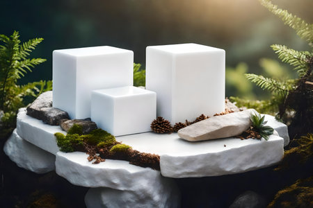 cubic white plastic cosmetic podium composition with rock in the forest hyperrealistic materialsの素材