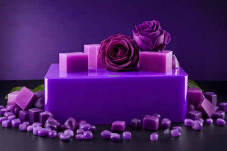 cubic purple plastic podium composition with rose quarts in the photo studio hyperrealistic materialsの素材