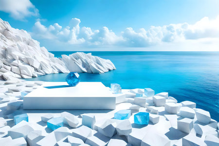 cubic white wooden podium scenery with blue calcite by the blue ocean hyperrealistic materialsの素材