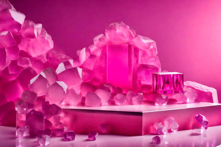 cubic pink stone cosmetic podium background with crystal ice in the photo studio hyperrealistic materialsの素材