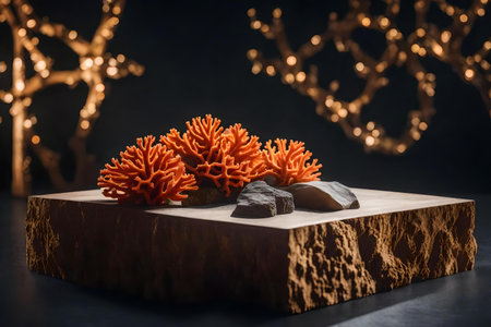 cubic wood stone podium scenery with orange corals in the photo studio hyperrealistic materialsの素材