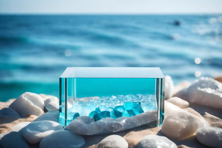 flat glass rock cosmetic podium background with quartz by the sea hyperrealistic materialsの素材
