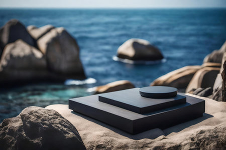 flat black wooden cosmetic podium scenery with rock by the sea hyperrealistic materialsの素材