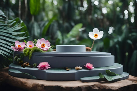 flat gray plastic cosmetic podium scenery with anemone flower in the tropical forest hyperrealistic materialsの素材