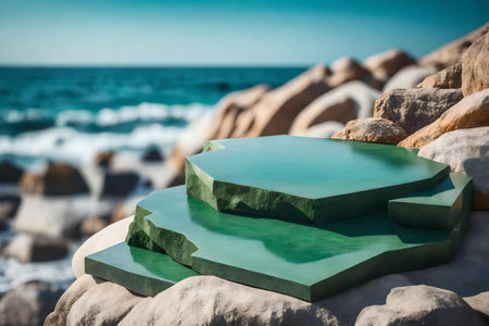 flat green rock cosmetic podium background with quartzite by the sea hyperrealistic materialsの素材